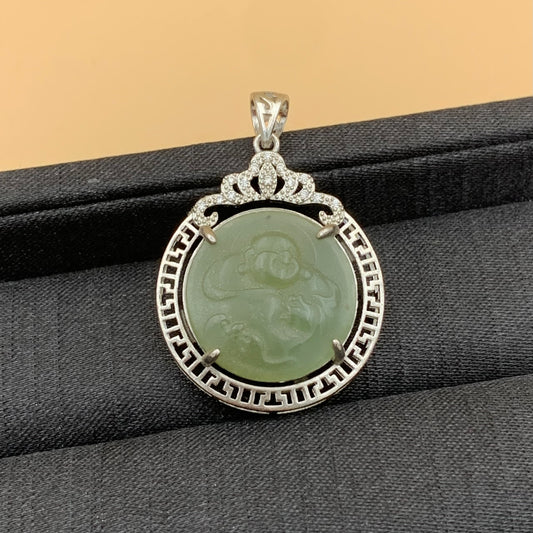 Mặt Dây Chuyền Di Lặc Ngọc Hòa Điền Khung Hợp Kim